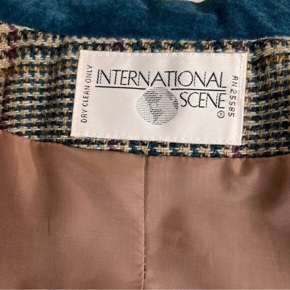 Vintage International Scene Wool Glen Plaid Suede Leather Lapel Blazer Women 14 - Picture 9 of 16